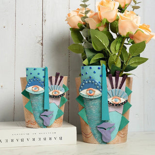 Vaso Azzurro Volto Fiori Diverse Dimensioni Resina Design Innovativo Arredamento Decorazione Casa-INTERIOR DREAM DESIGN