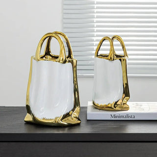 Vaso Creativo Decorazione Casa Borsetta Diverse Dimensioni Bianca Oro Particolare-INTERIOR DREAM DESIGN