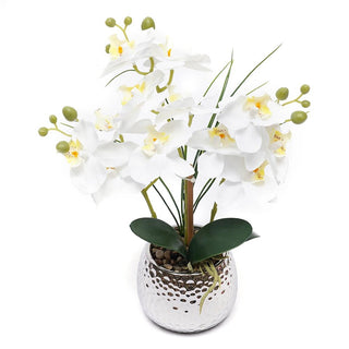 Vaso Orchidea Finta Decorazione Fiori Finti Vaso Ceramica Argento Fiore Bianco Arredamento Casa - INTERIOR DREAM DESIGN