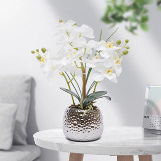 Vaso Orchidea Finta Decorazione Fiori Finti Vaso Ceramica Argento Fiore Bianco Arredamento Casa - INTERIOR DREAM DESIGN