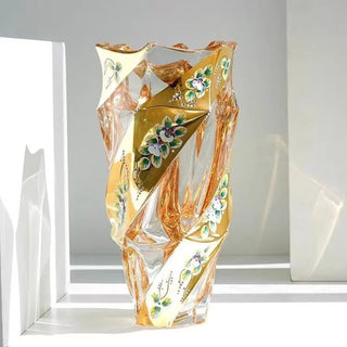 Vaso Vetro Effetto Cristallo Pesante Resistente Decorato Fiori Colore Oro Trasparente-INTERIOR DREAM DESIGN