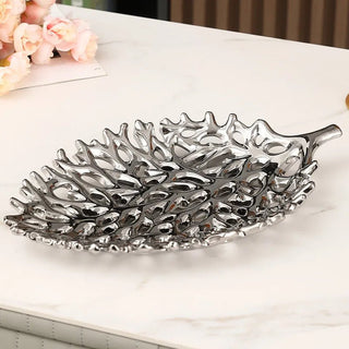 Vassoio Materiale Acciaio Oro Argento Espositore Tavolo Design Elegante Modello Foglia-INTERIOR DREAM DESIGN