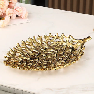 Vassoio Materiale Acciaio Oro Argento Espositore Tavolo Design Elegante Modello Foglia-INTERIOR DREAM DESIGN