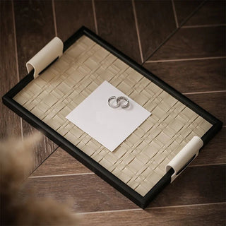 Vassoio Svuotatasche Pelle Legno Beige Nero Rettangolare Organizzazione Casa Decorazione-INTERIOR DREAM DESIGN
